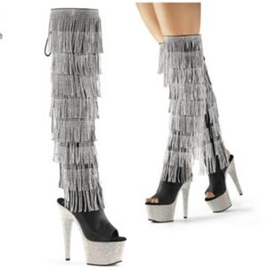 Pole dancing thigh high fringe platform boots